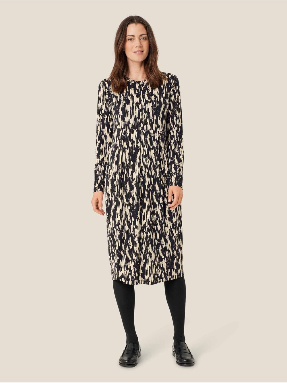 Masai Copenhagen Namo Jersey Black White Print Long Sleeve Pockets Tulip Dress